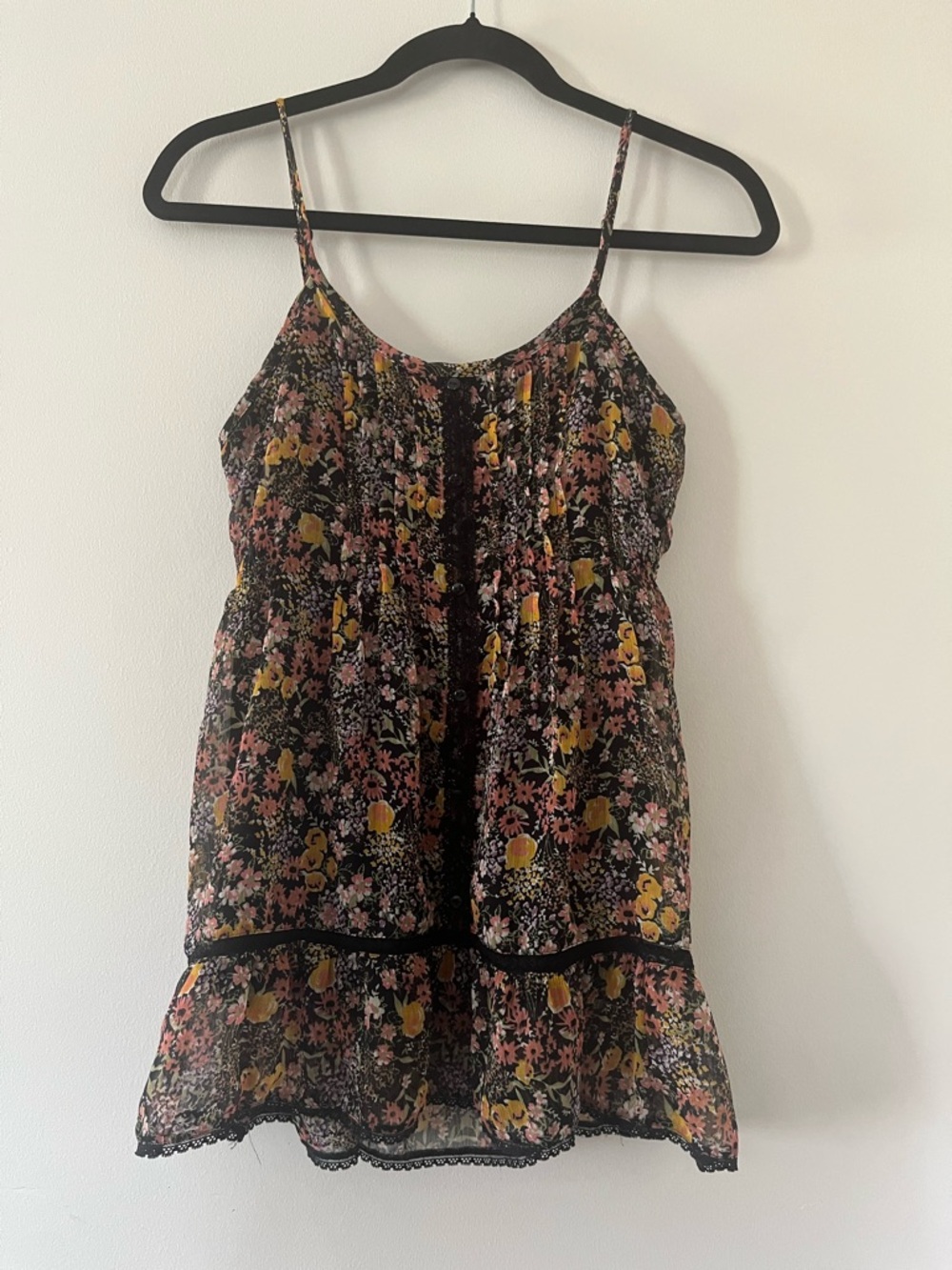 Decree Boho Floral Cami Top Small Brown Black Pleated Cottagecore Beach Summer